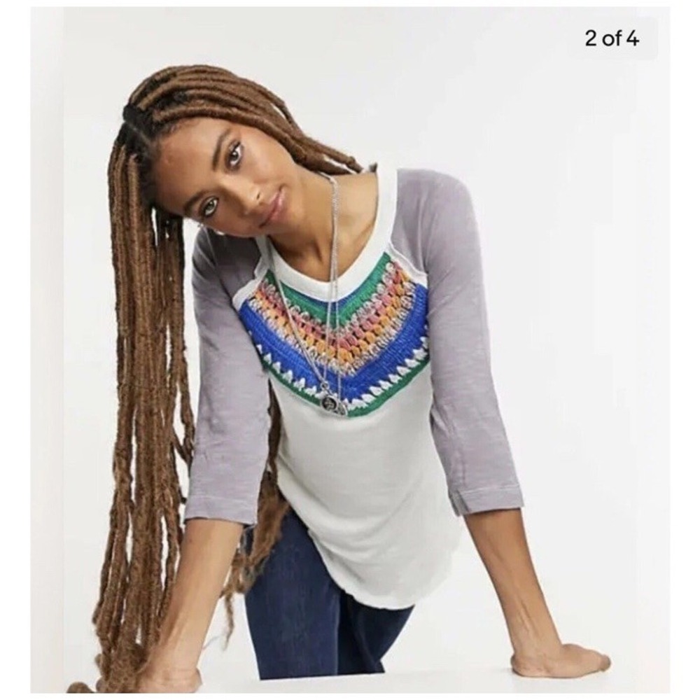 Free People Spring Bound Crochet Yoke Top Blue Mineral Bath Combo Sz M Boho